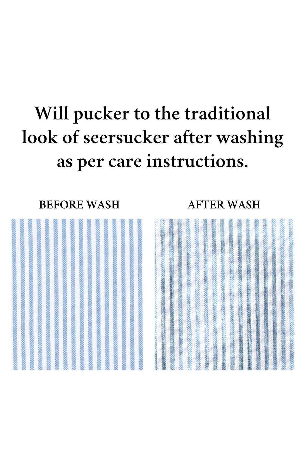 Image showing two side-by-side fabric swatches of blue and white striped seersucker. The left displays the fabric before washing, while the right illustrates the traditional pucker after washing.