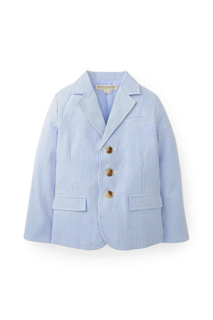 Light blue and white striped seersucker blazer featuring a notch collar and faux horn buttons, designed for boys in sizes 2T to 12.