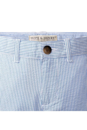 Light blue seersucker fabric with white stripes makes up these classic boys suit pants by Hope & Henry. The stylish design includes a button closure, perfect for special occasions.