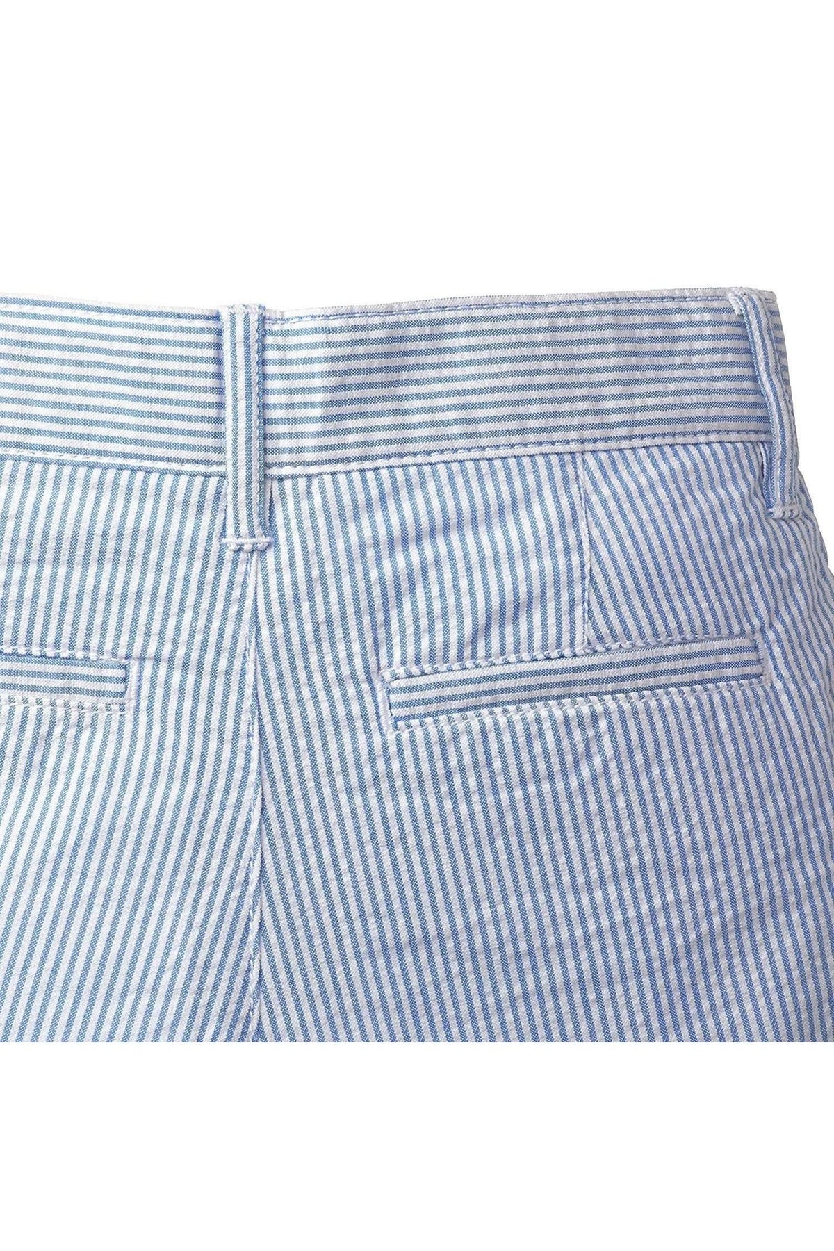 Close-up of the back of classic seersucker suit pants in light blue and white stripes, featuring a tailored waistband and two back pockets.
