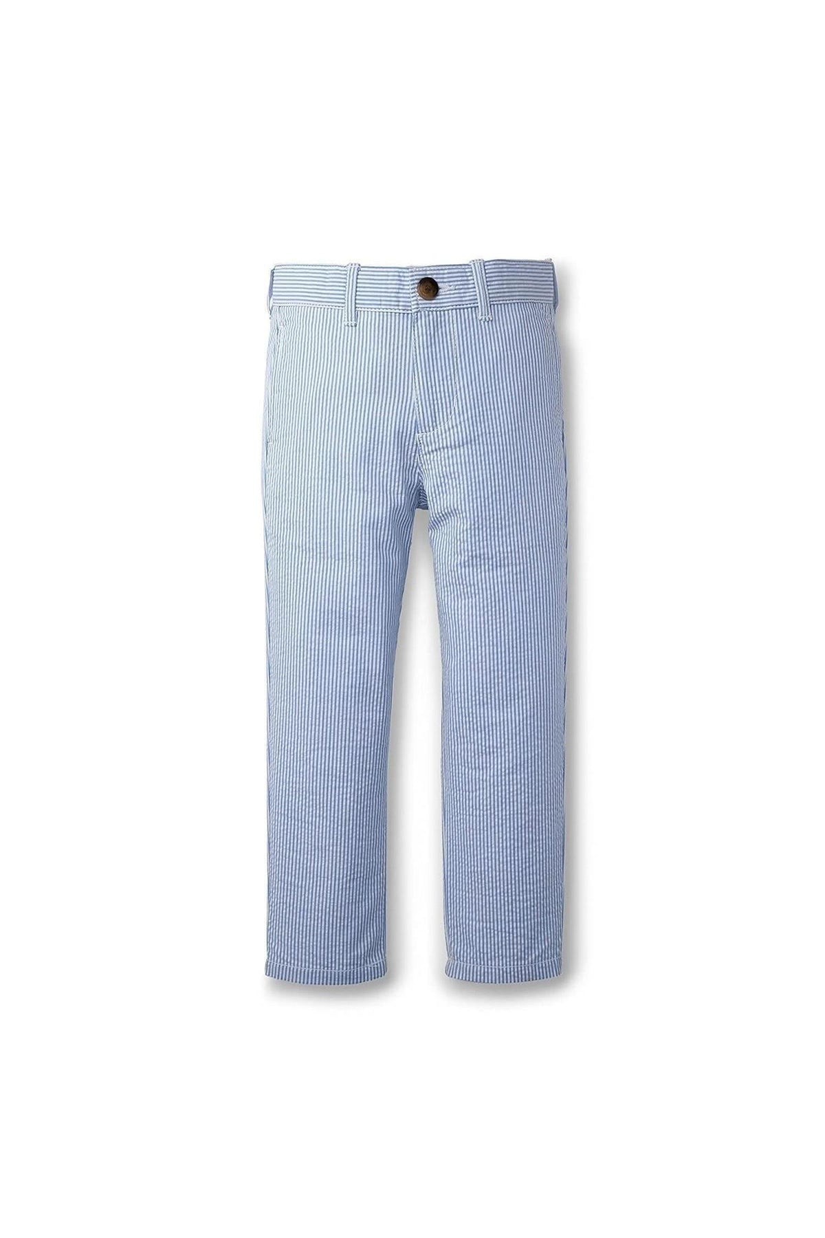 Blue and white striped seersucker suit pants made from 100% organic cotton. Designed for boys, these lightweight pants offer a polished look suitable for various occasions.