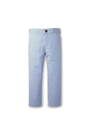 Blue and white striped seersucker suit pants made from 100% organic cotton. Designed for boys, these lightweight pants offer a polished look suitable for various occasions.