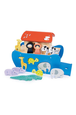 Wooden animal ark playset with colorful animals, Mr. and Mrs. Noah figures, and shape-sorting features for toddlers.