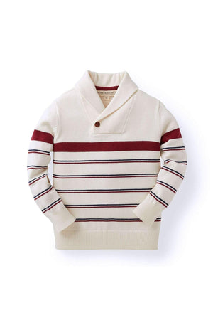 Ivory shawl collar sweater featuring maroon and navy stripes, made from organic cotton, suitable for boys aged 2-16.