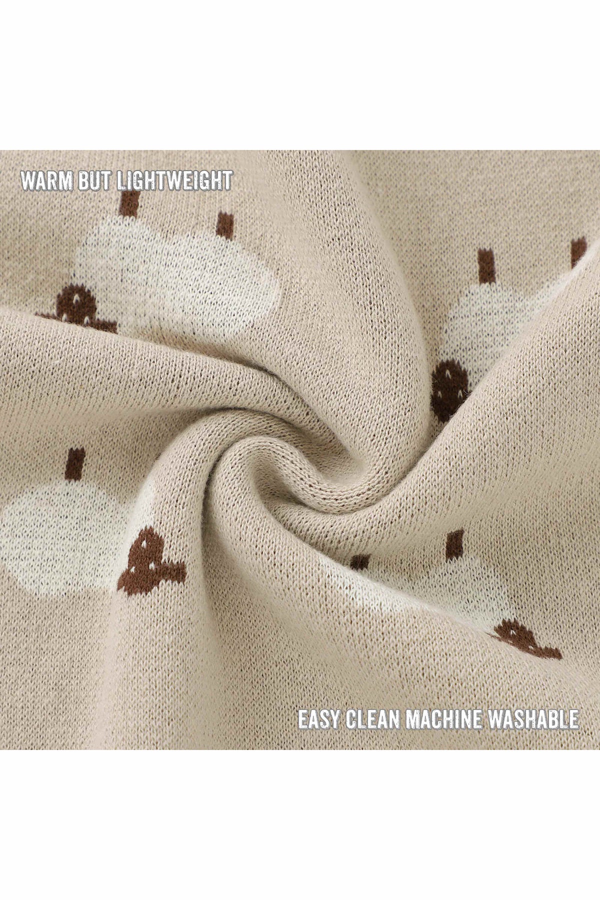Beige knit blanket with brown and white sheep patterns, featuring text Warm but Lightweight and Easy Clean Machine Washable.