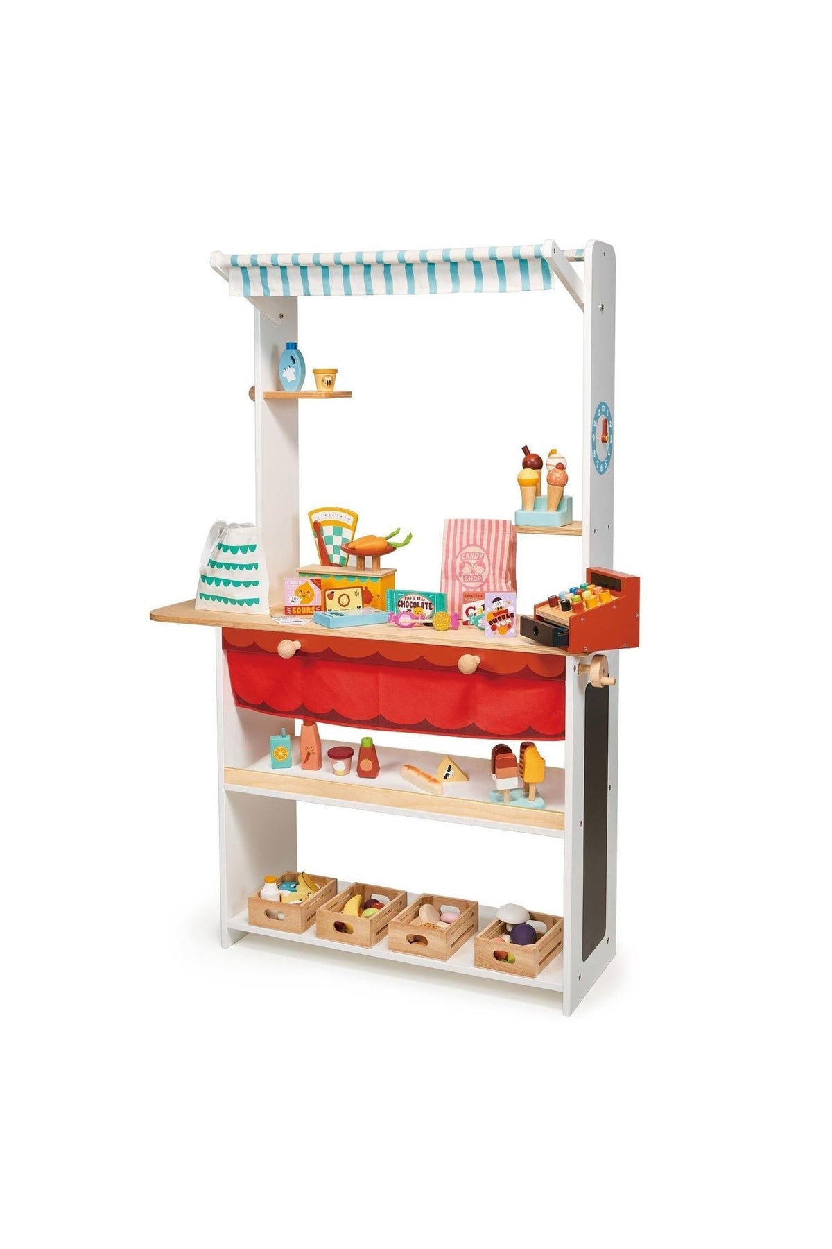 Mentari Wooden Toys Shop Keeper Stand features colorful wooden play food and a striped awning, ideal for imaginative play.