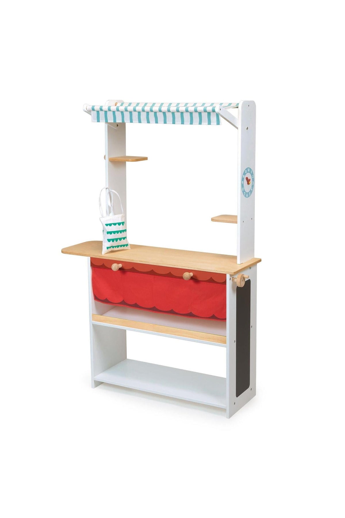 Wooden play shop with striped canopy, red curtain, and shelves. Includes a small tote bag for imaginative play.