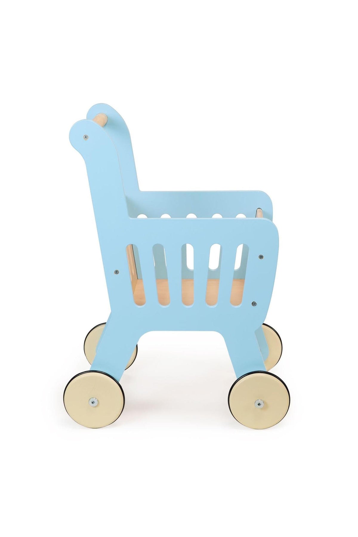 Light blue wooden toy shopping cart with slatted sides and beige wheels, designed for childrens pretend play.