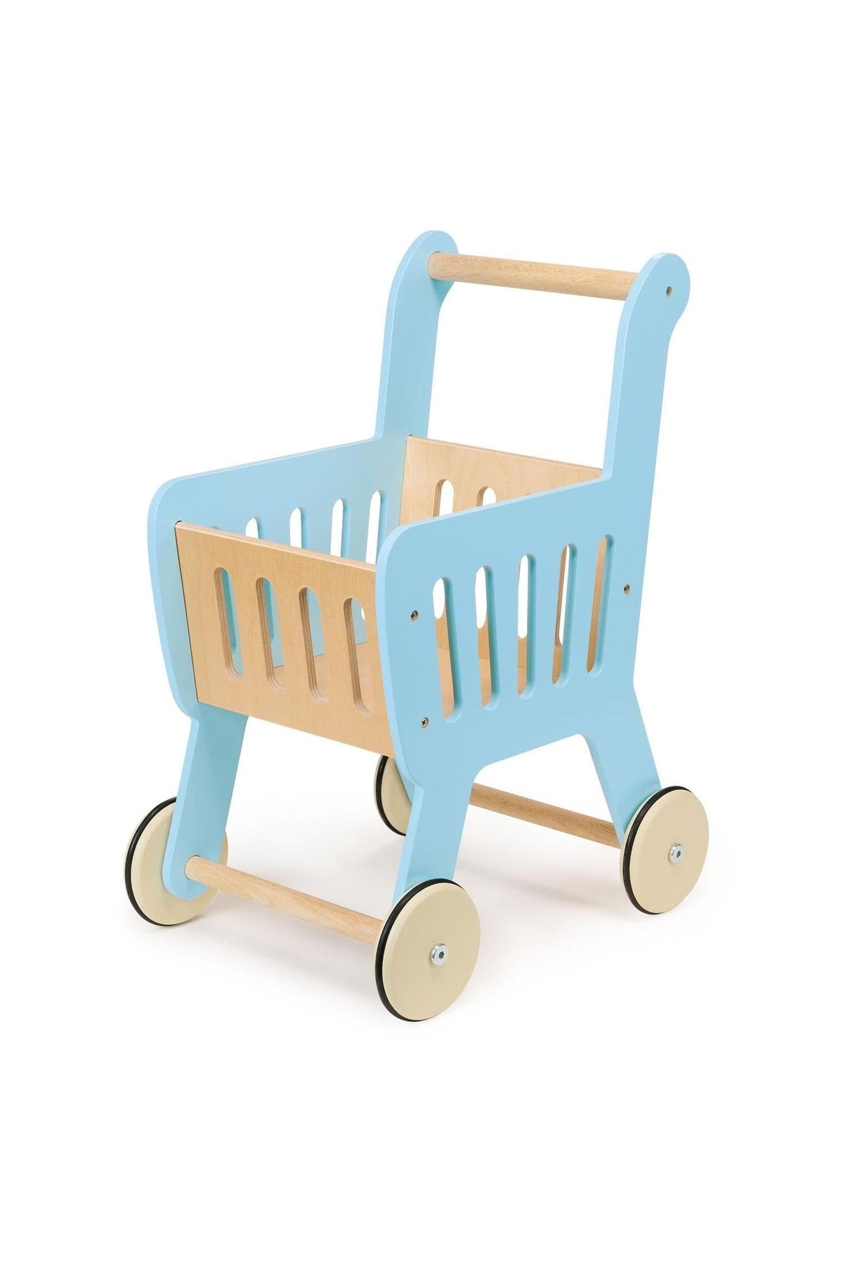A light blue and natural wood childrens shopping cart with slatted sides and four wheels, perfect for play.