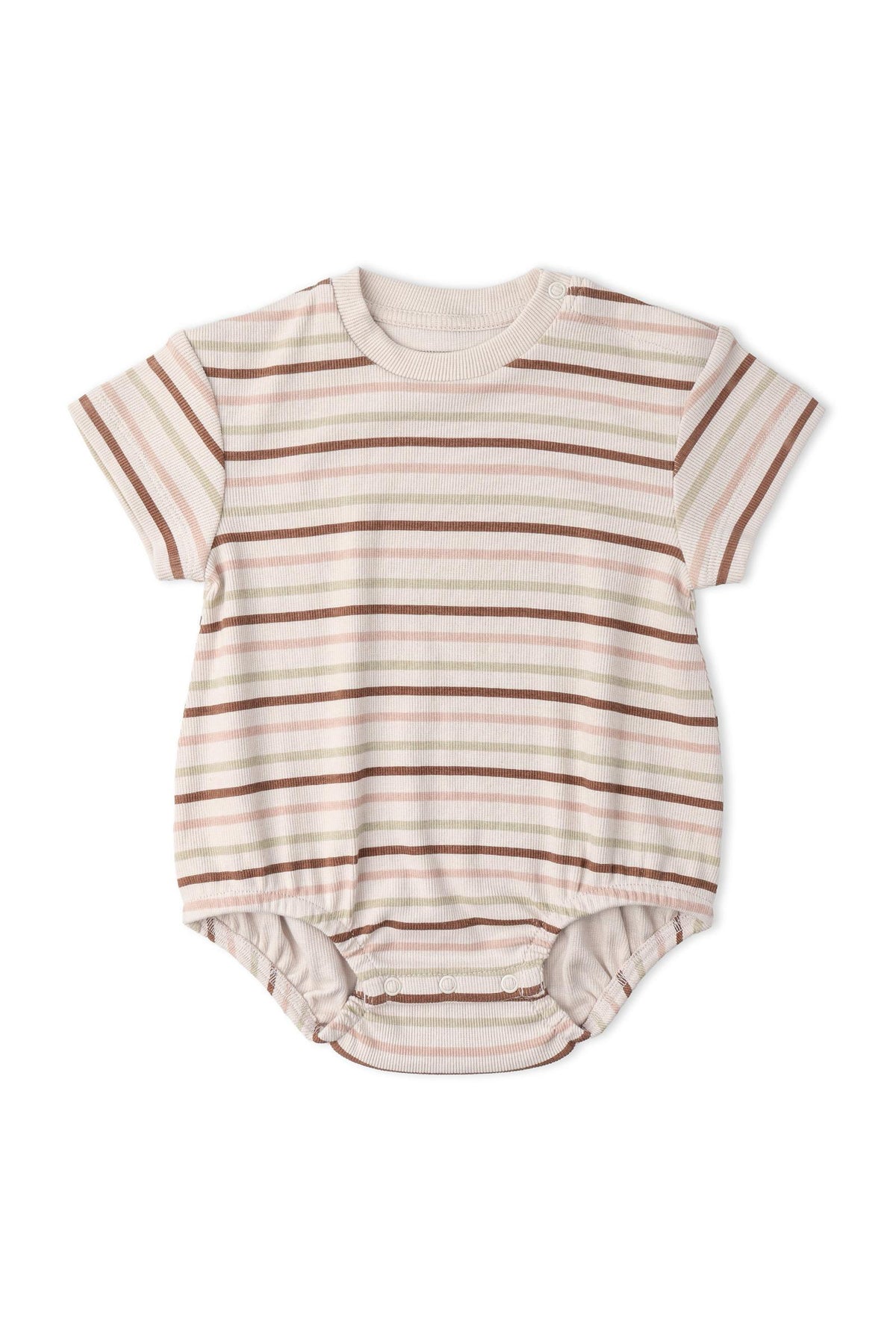 Organic short sleeve bubble romper in soft beige with earthy striped patterns. Made from certified organic cotton, this stylish piece is perfect for everyday wear for infants and toddlers.