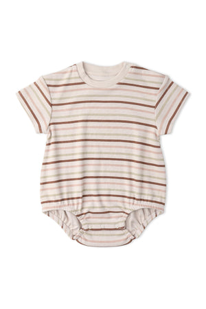 Organic short sleeve bubble romper in soft beige with earthy striped patterns. Made from certified organic cotton, this stylish piece is perfect for everyday wear for infants and toddlers.