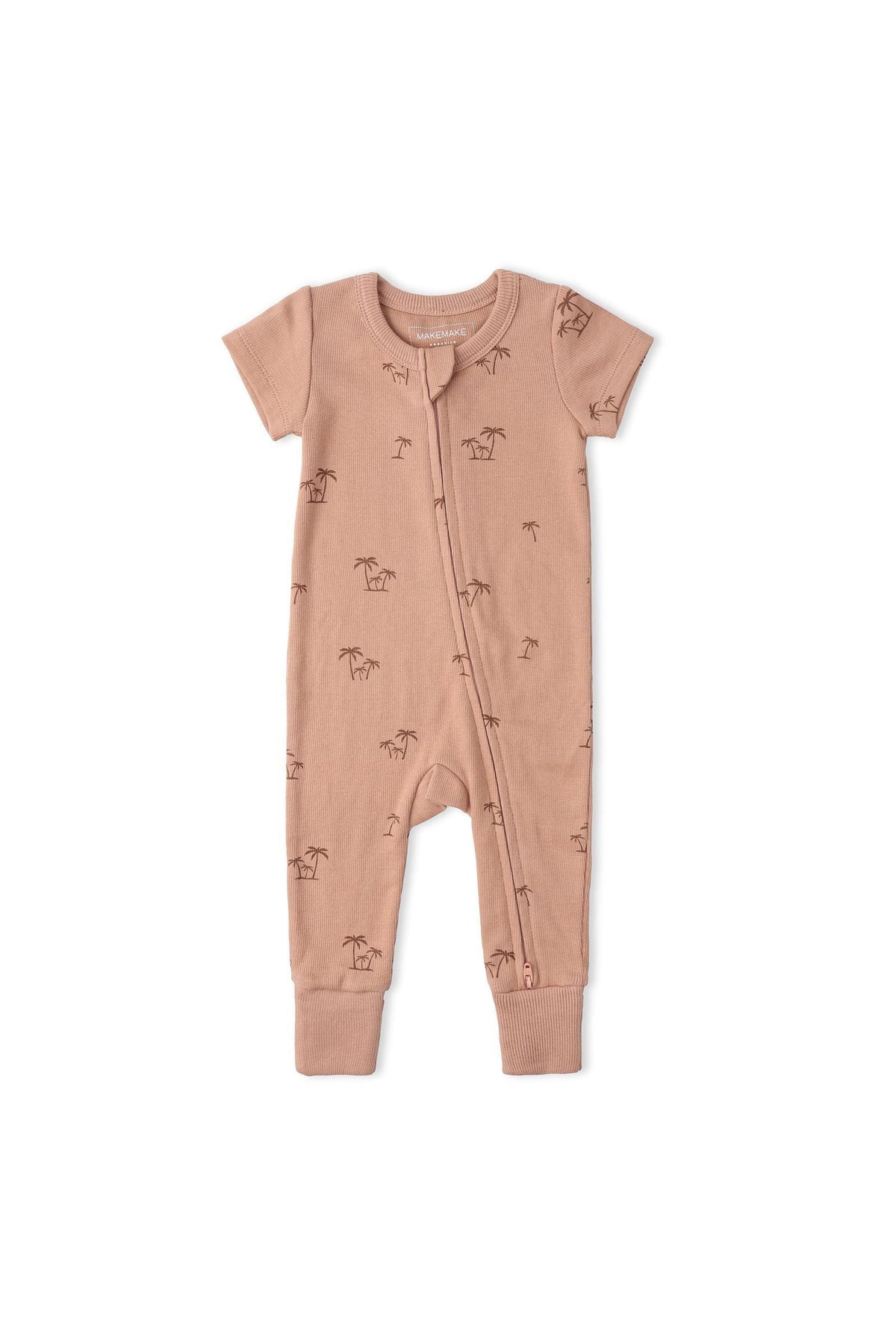 A soft, organic cotton short sleeve romper in a warm beige hue features a subtle palm tree pattern and a convenient two-way zip closure, perfect for summer outfits.