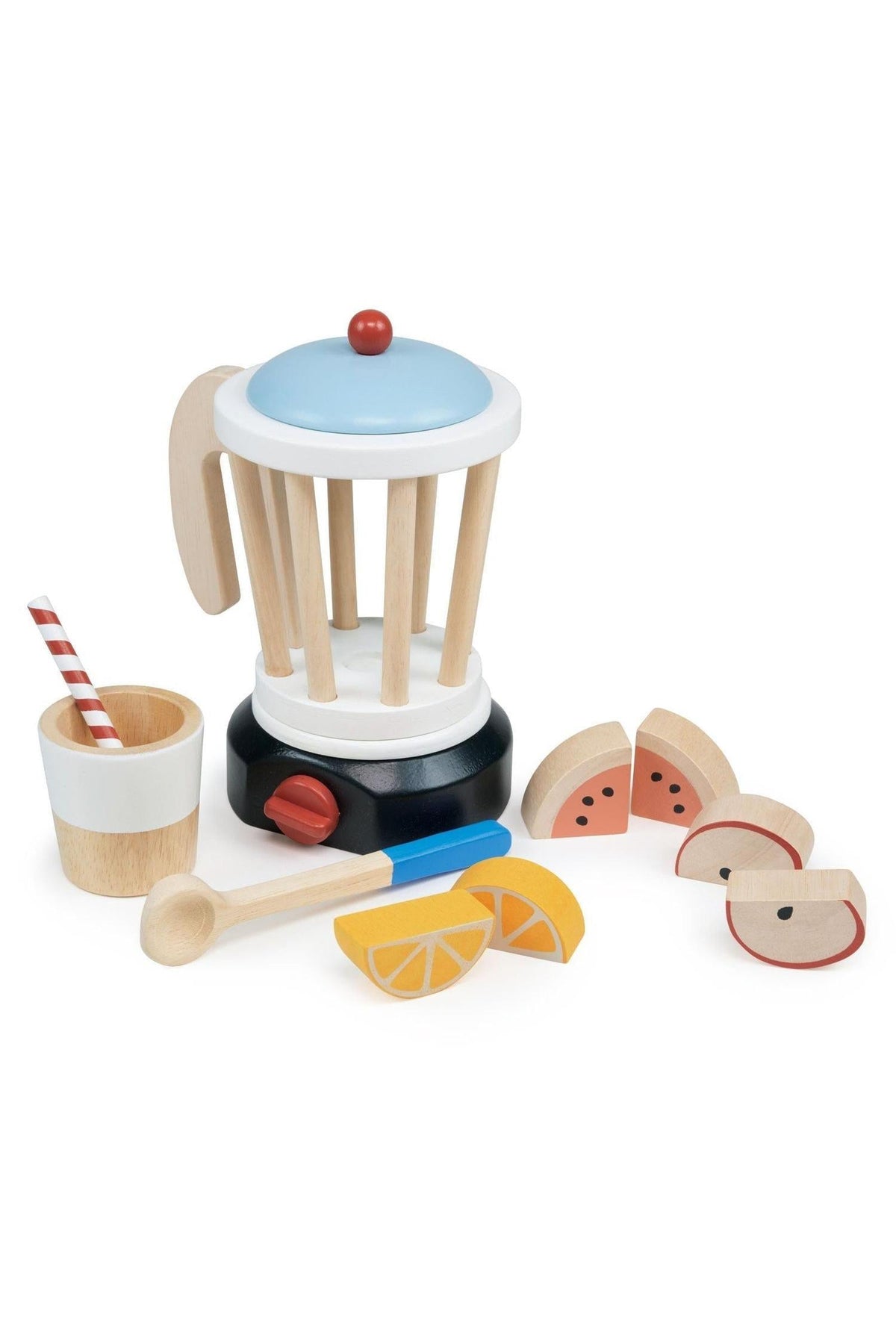 Wooden toy smoothie set with blender, cup, spoon, and pretend fruits in vibrant colors. Eco-friendly playset for kids.