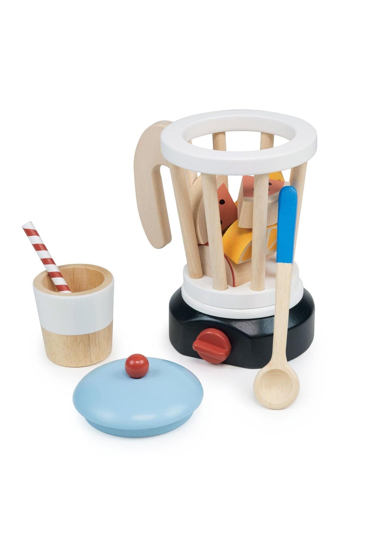 Wooden smoothie maker set with a blender, cup, straw, spoon, and lid, featuring natural and colorful elements.