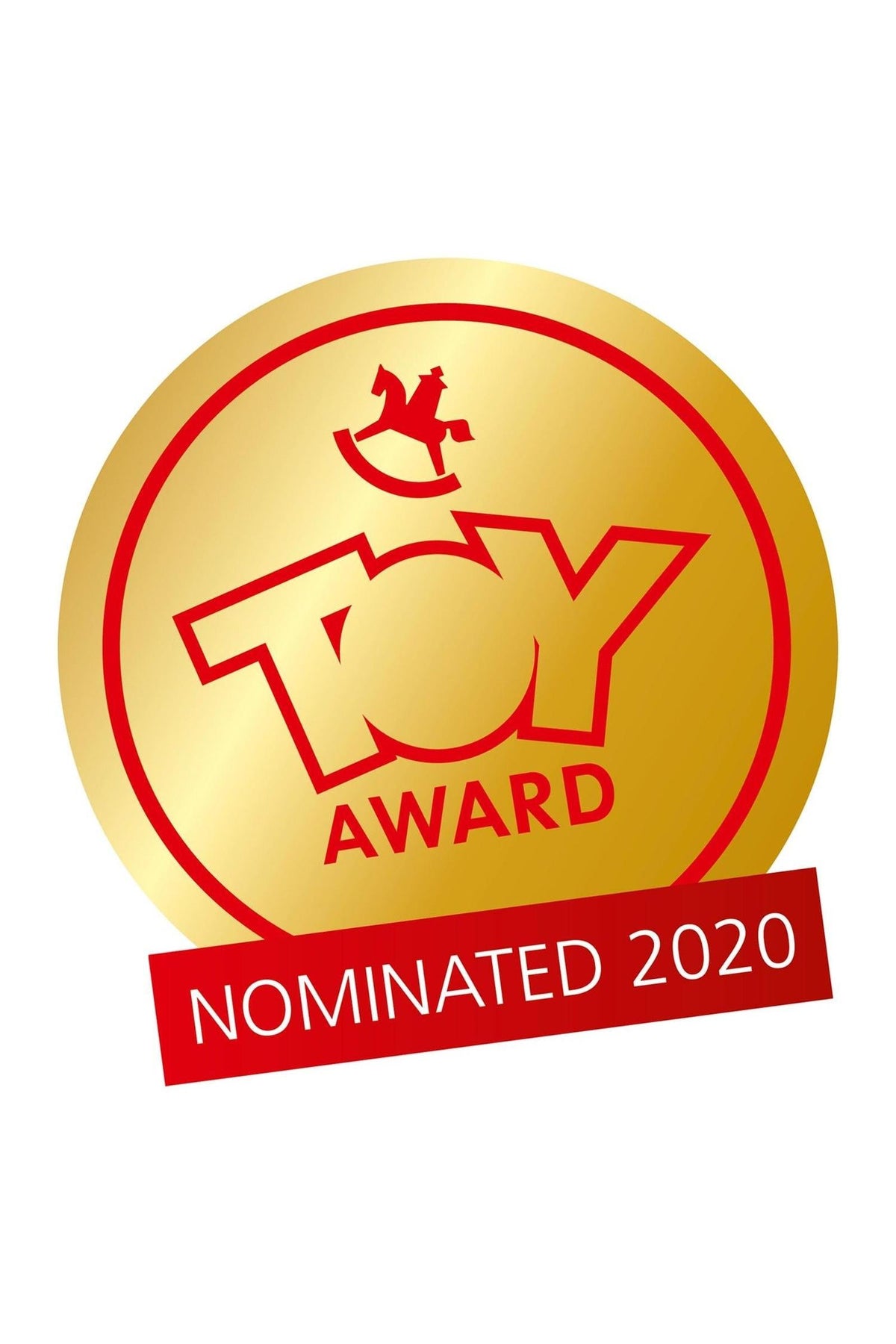 A gold circular badge featuring the text Toy Award and Nominated 2020, with a rocking horse graphic at the top.