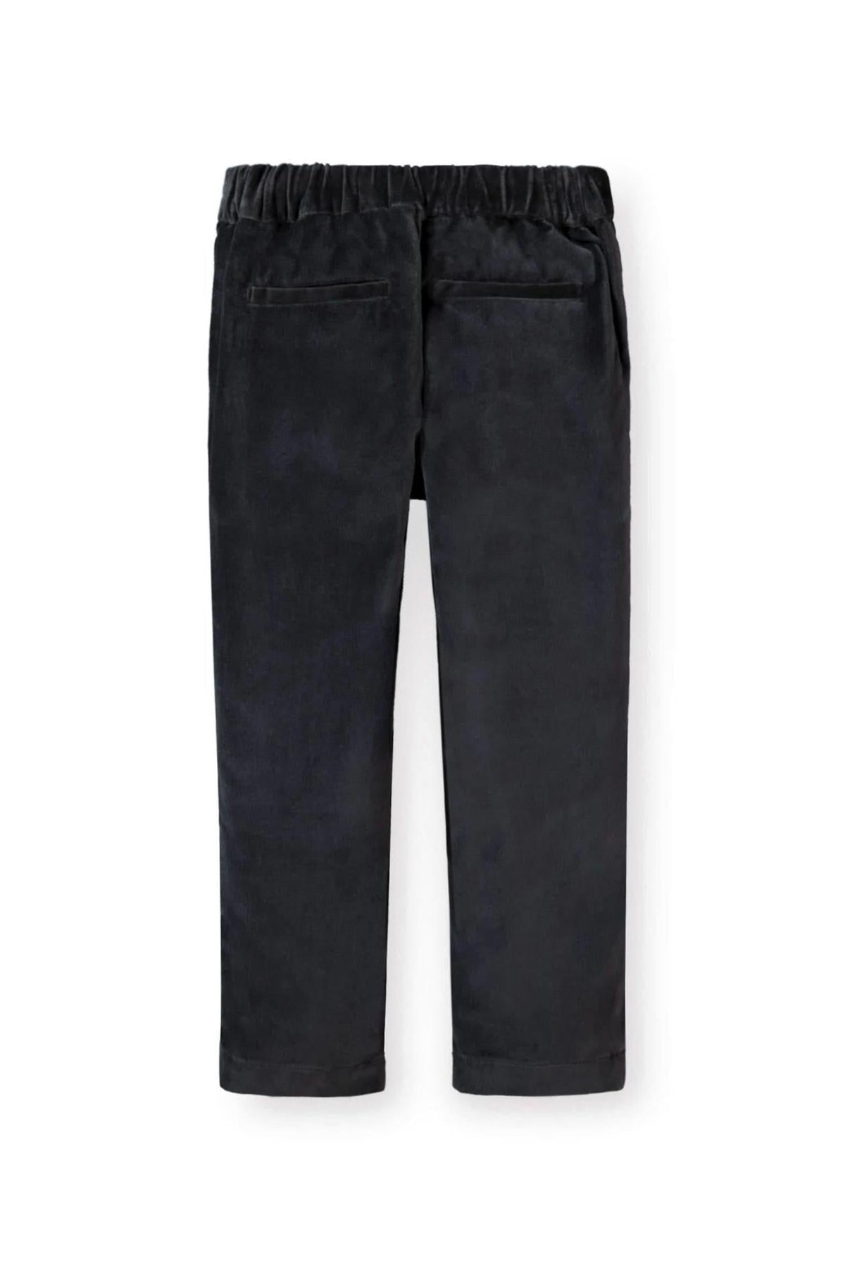 Black straight dressy pants for baby girls feature an elastic waistband and back welt pockets, crafted from organic cotton.