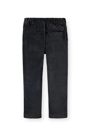 Black straight dressy pants for baby girls feature an elastic waistband and back welt pockets, crafted from organic cotton.