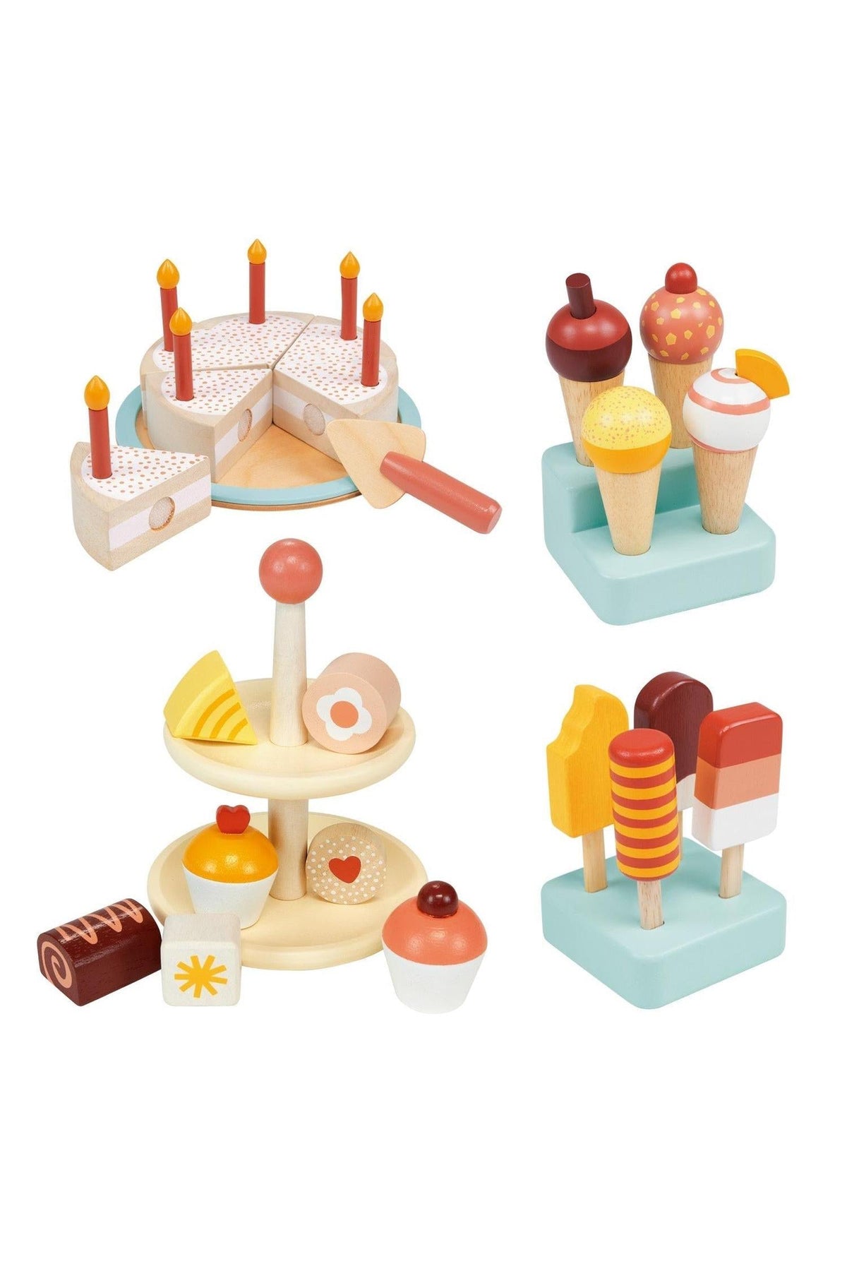 Wooden toy set featuring a sliceable cake with candles, ice cream cones, lollipops, and assorted pastries.