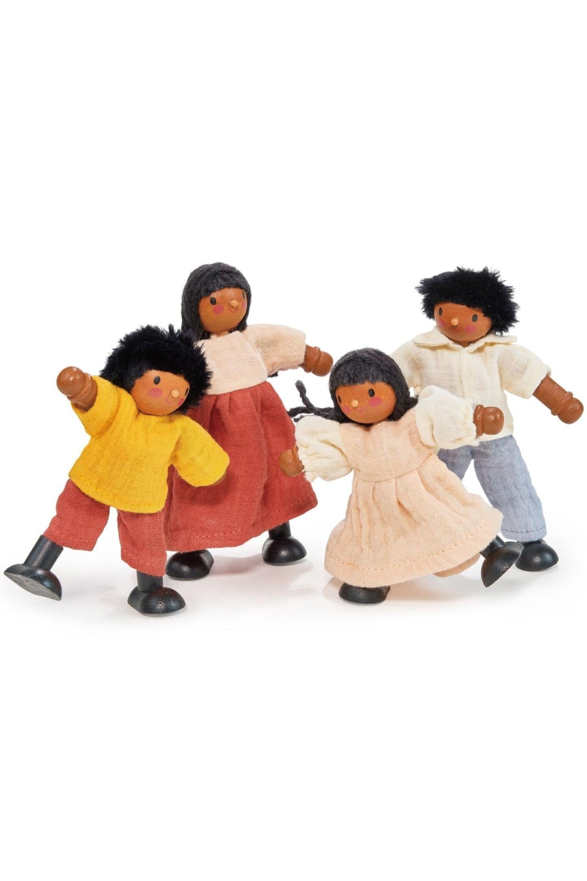 Four wooden dolls with bendy arms wear colorful, knitted clothes and have woolen hair, standing together.