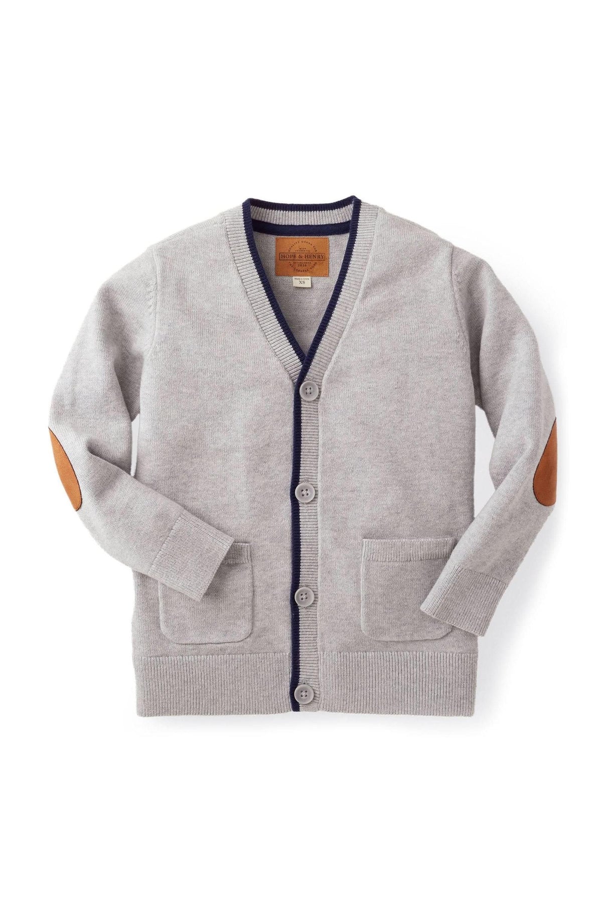Grey organic cotton cardigan featuring navy tipping, faux suede elbow patches, and front pockets, suitable for children sizes 2-16.