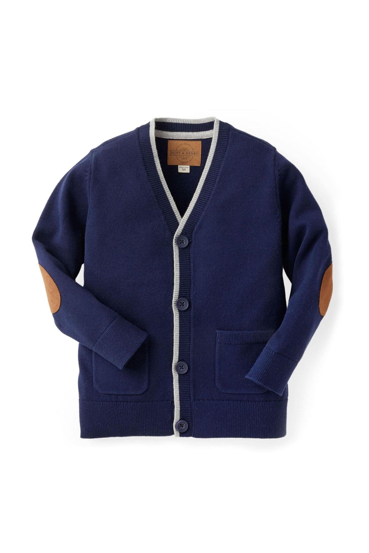 Navy cardigan with contrast trim, wooden buttons, and faux suede elbow patches, designed for baby boys by Hope & Henry.