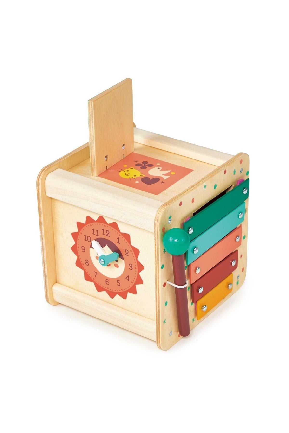 Wooden activity cube featuring a colorful xylophone, clock face, and animal illustrations, designed for toddler learning and play.