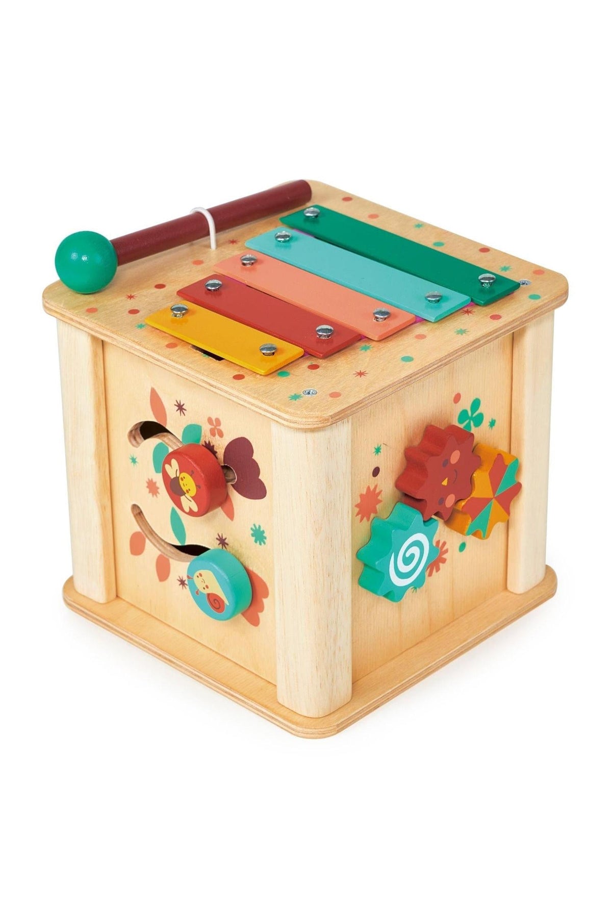 Colorful wooden activity cube with a xylophone, gears, and sliding shapes, featuring vibrant patterns and a mallet.