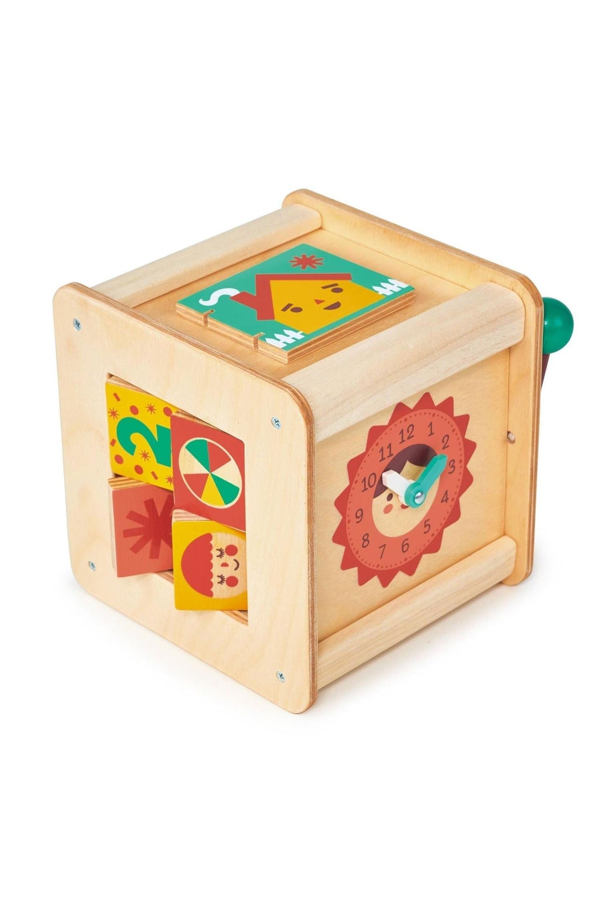 Wooden activity cube with colorful illustrations, clock face, and sliding panels, designed for toddler learning and play.