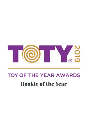 Logo for the 2019 Toy of the Year Awards, featuring purple and gold text that reads Rookie of the Year.