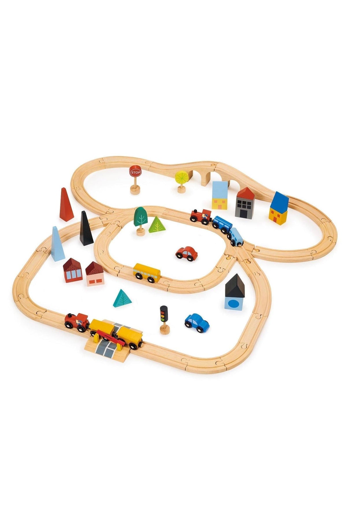 Wooden train set with tracks, colorful buildings, cars, and trees, showcasing sustainable play elements for imaginative fun.