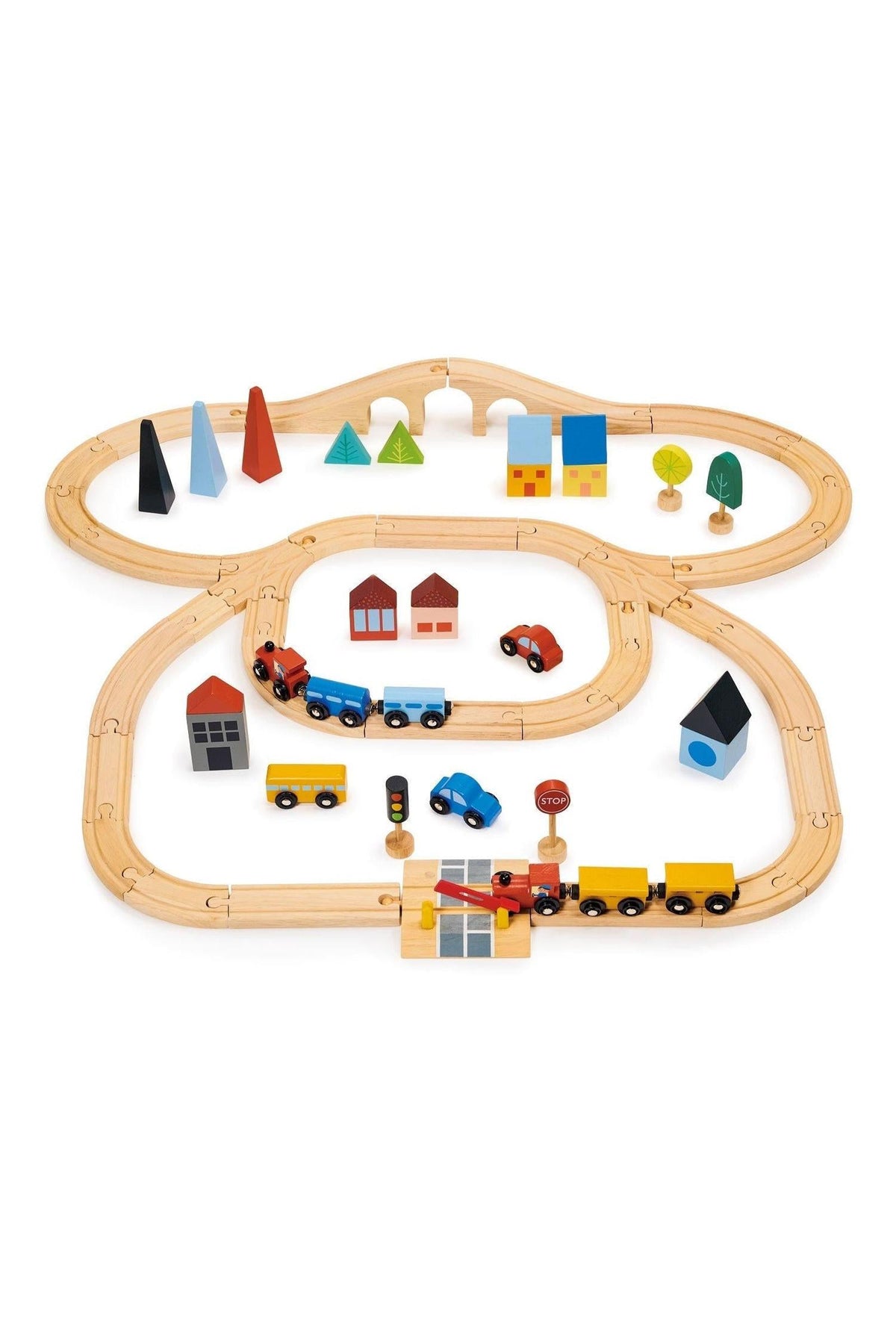 Wooden train set with tracks, colorful buildings, trees, and vehicles, designed for imaginative play. Sustainable materials for kids.