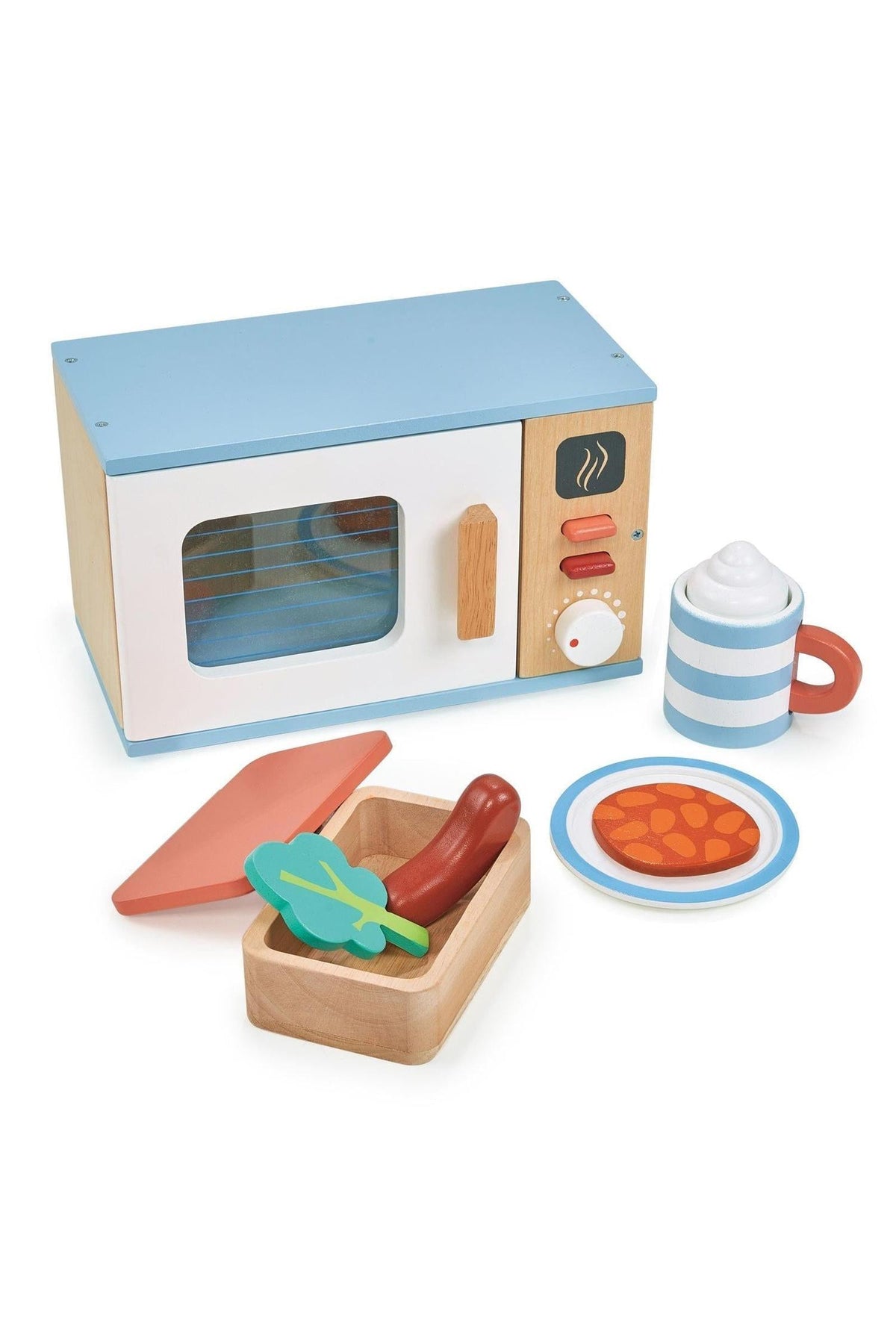 Blue and wooden toy microwave set with a cup, plate, and wooden food items like sausage and broccoli.