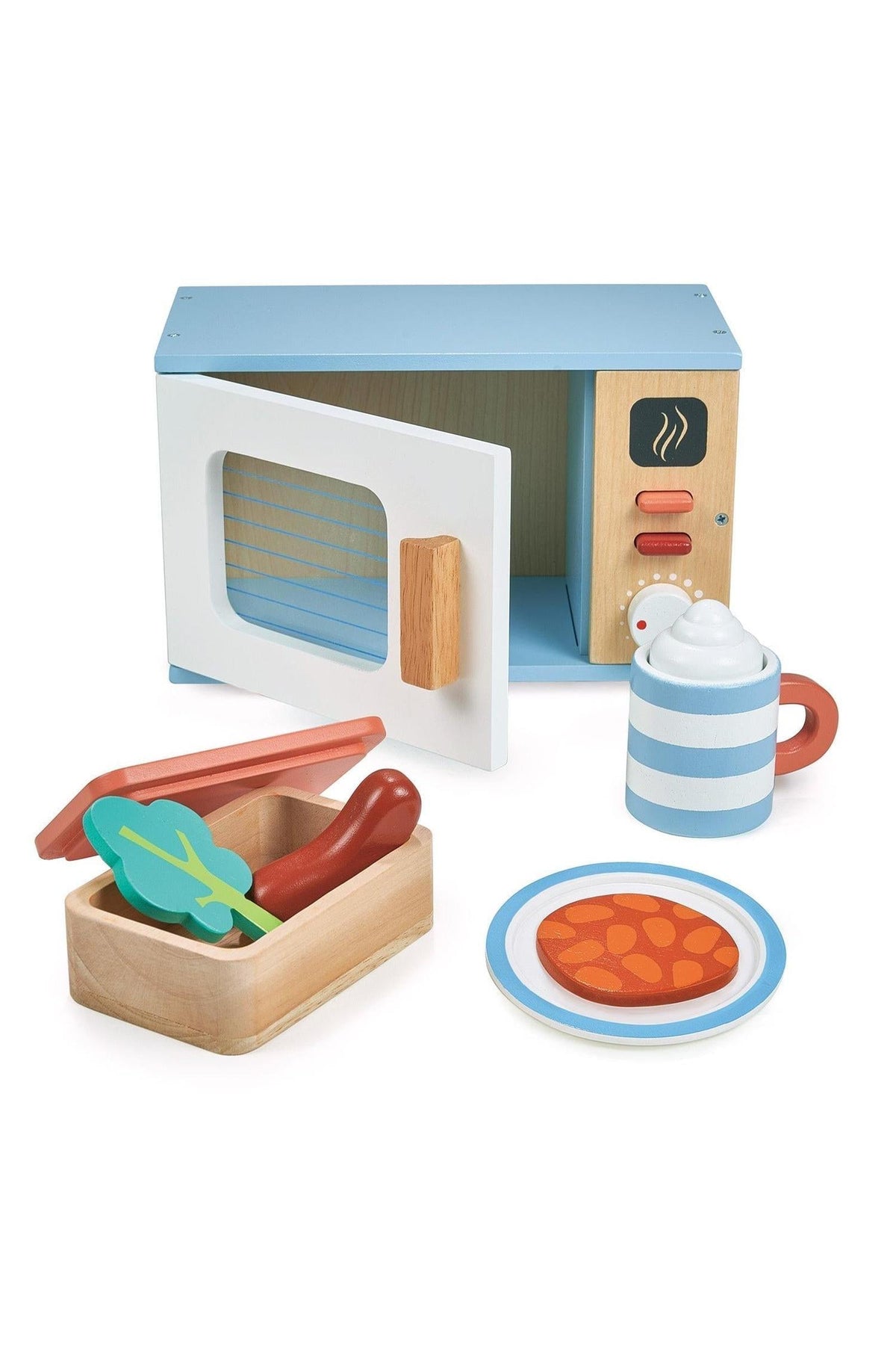 Wooden toy microwave set with open door, cup, plate, and food items, ideal for toddler pretend play.