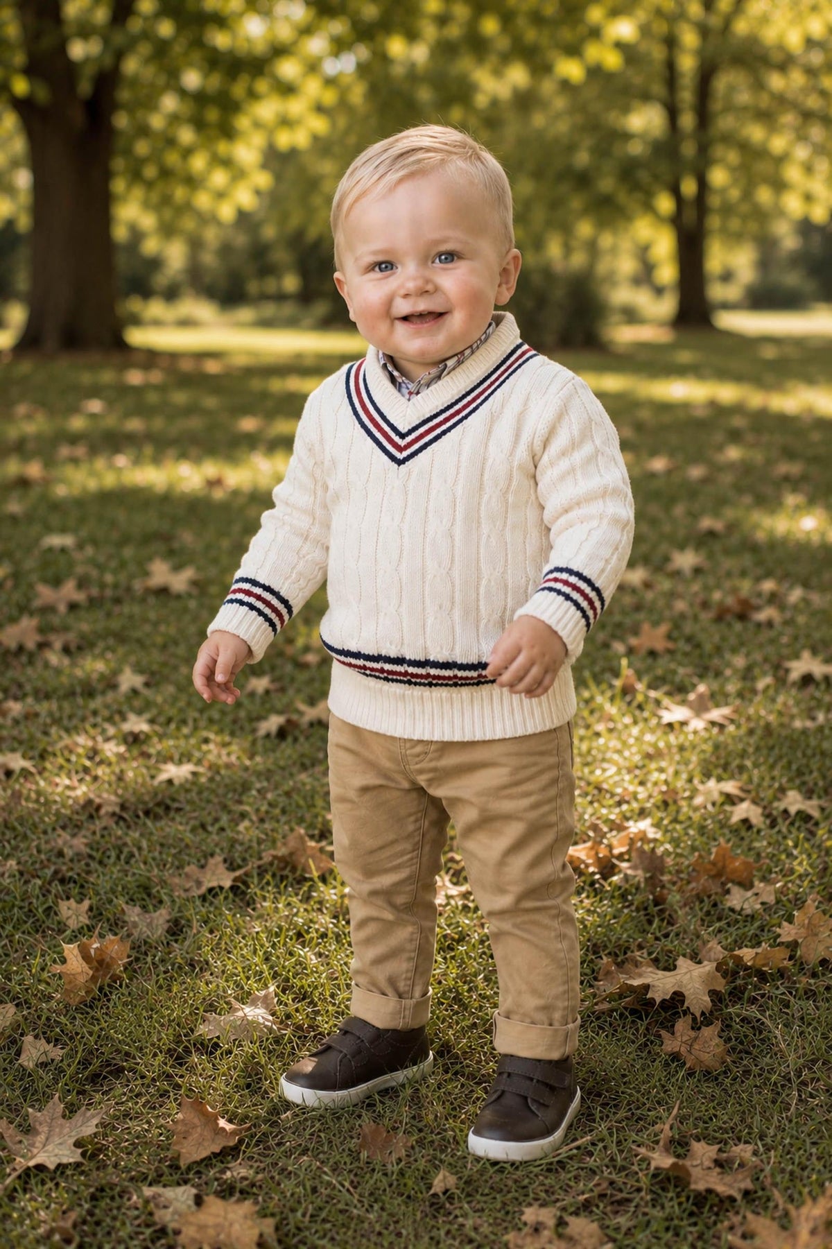 A cheerful baby boy stands in a grassy area surrounded by fallen leaves, wearing an ivory organic cotton cable knit cricket sweater with striped trim and tan pants.