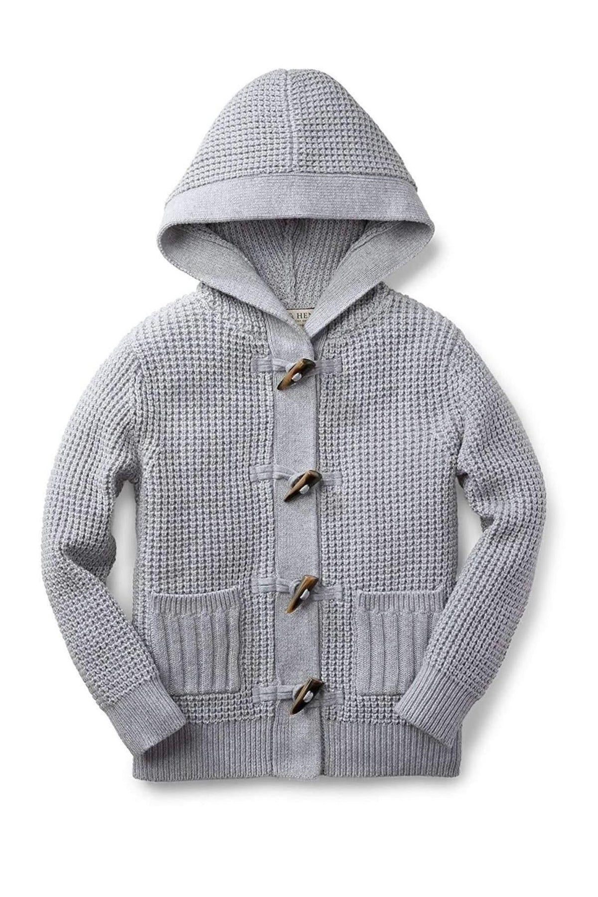 Gray hooded baby sweater featuring a textured waffle stitch, faux horn toggles, and rib knit front pockets.