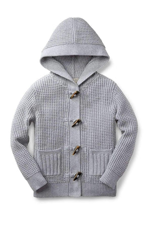 Gray hooded baby sweater featuring a textured waffle stitch, faux horn toggles, and rib knit front pockets.