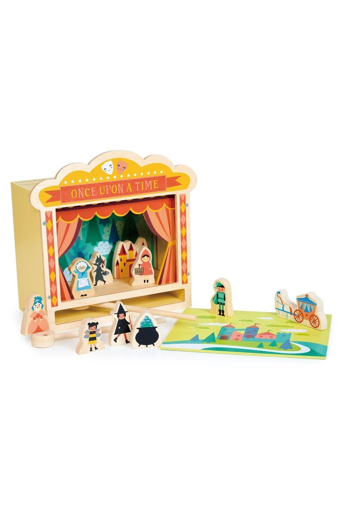 Wooden tabletop theatre with colorful characters and backdrop, featuring Once Upon a Time on the front panel.