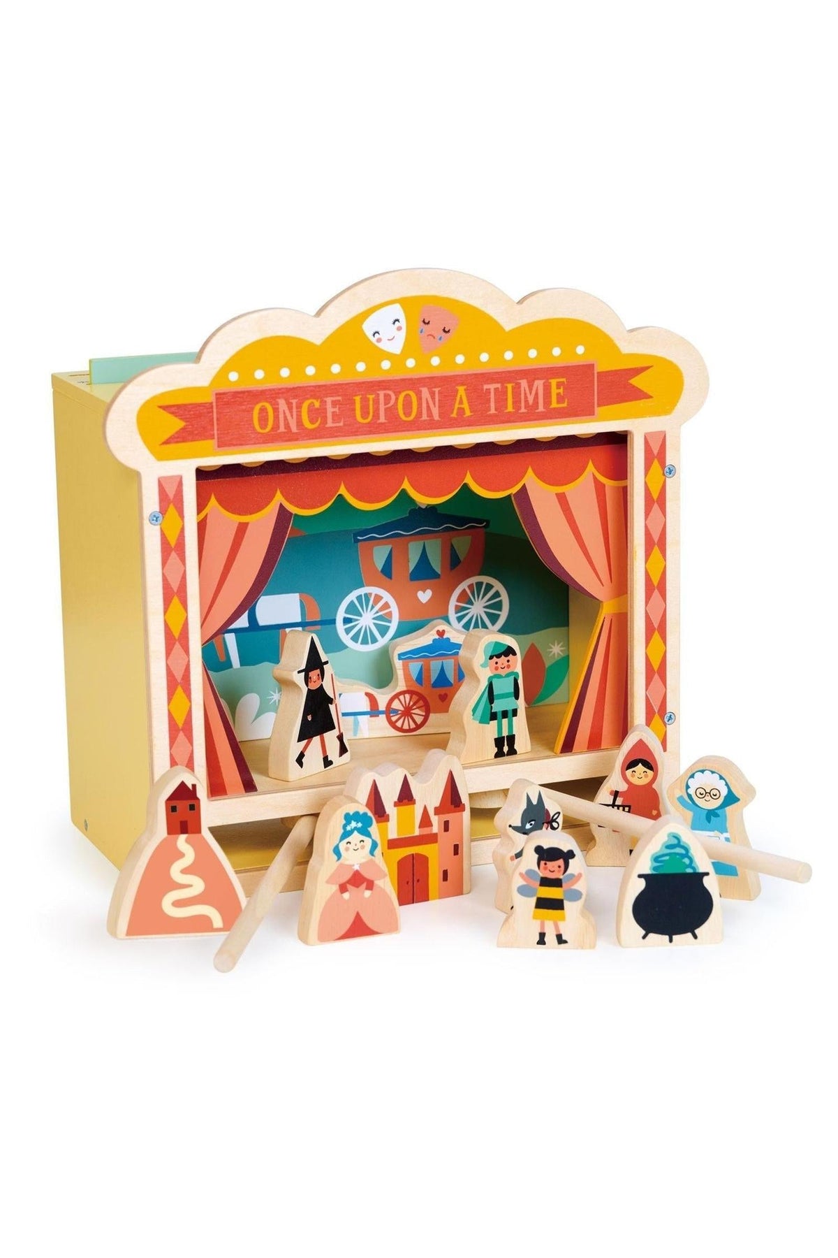 Colorful wooden tabletop theatre with illustrated characters and a backdrop of a carriage, promoting imaginative play.