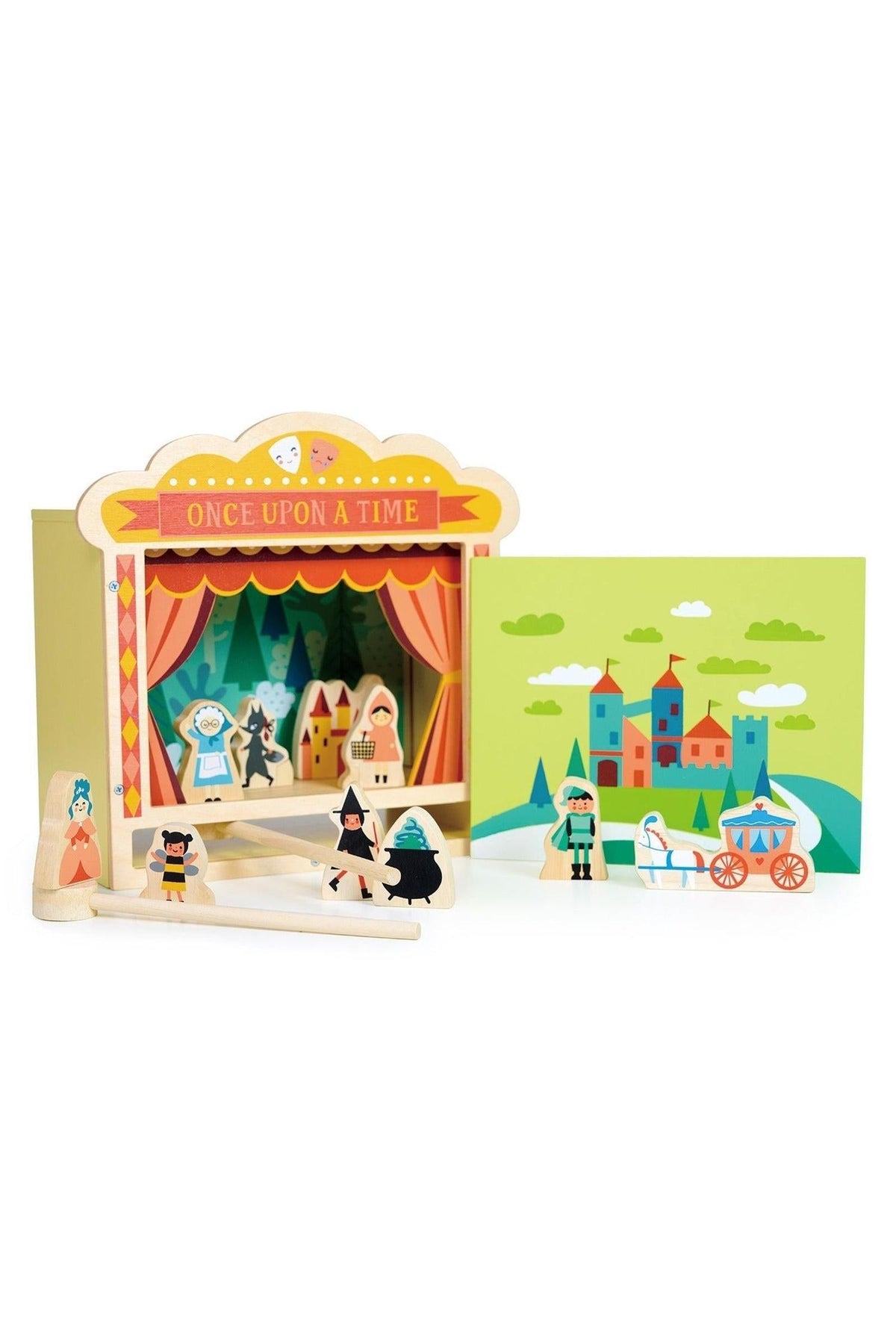 Wooden tabletop theatre with illustrated characters and a vibrant backdrop, featuring a Once Upon a Time sign.