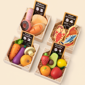 Colorful wooden food pieces are displayed in four baskets, labeled with prices, featuring items like fruits, vegetables, bakery goods, and seafood. Ideal for imaginative play for young children.