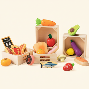 A variety of colorful wooden food pieces, including vegetables and seafood, are displayed in three wooden crates. This eco-friendly set encourages imaginative play and is perfect for children.