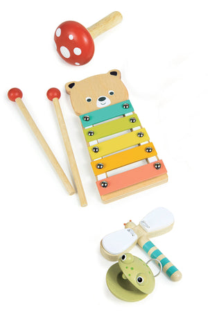 Colorful wooden toy set with xylophone, mallets, and bell on a white background