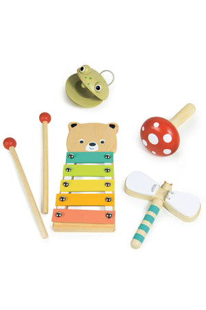 Set of colorful wooden toys including a xylophone, mallets, and other instruments on a white background
